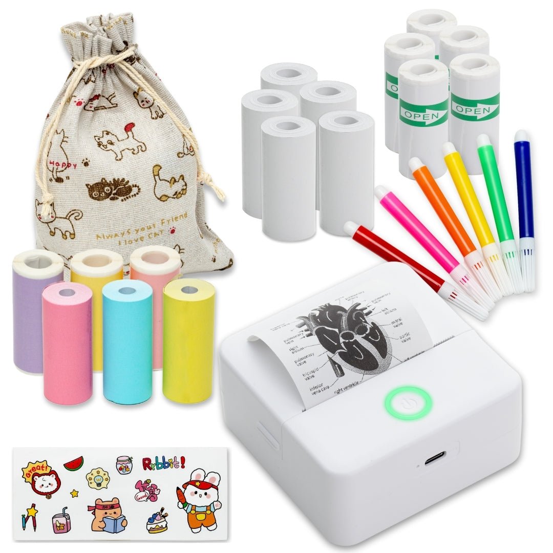 Mini imprimanta portabila MX1, ALB cu 5 role albe +3 colorate autoadezive + 5 role albe + 3 colorate simple + 6 carioci, stickere si saculet incluse - ealmeu.ro