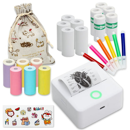 Mini imprimanta portabila MX1, ALB cu 5 role albe +3 colorate autoadezive + 5 role albe + 3 colorate simple + 6 carioci, stickere si saculet incluse - ealmeu.ro