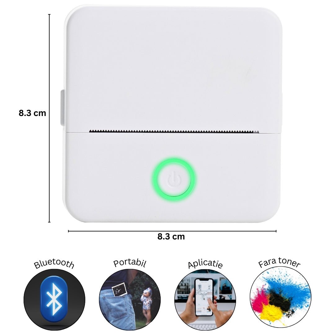 Mini imprimanta portabila MX1, ALB cu 5 role albe +3 colorate autoadezive + 5 role albe + 3 colorate simple + 6 carioci, stickere si saculet incluse - ealmeu.ro