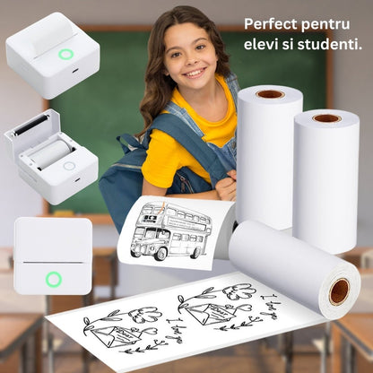 Mini imprimanta portabila MX1, ALB cu 5 role albe +3 colorate autoadezive + 5 role albe + 3 colorate simple + 6 carioci, stickere si saculet incluse - ealmeu.ro