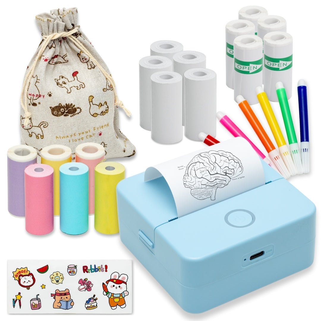 Mini imprimanta portabila MX1, BLUE cu 5 role albe +3 colorate autoadezive + 5 role albe + 3 colorate simple + 6 carioci, stickere si saculet incluse - ealmeu.ro