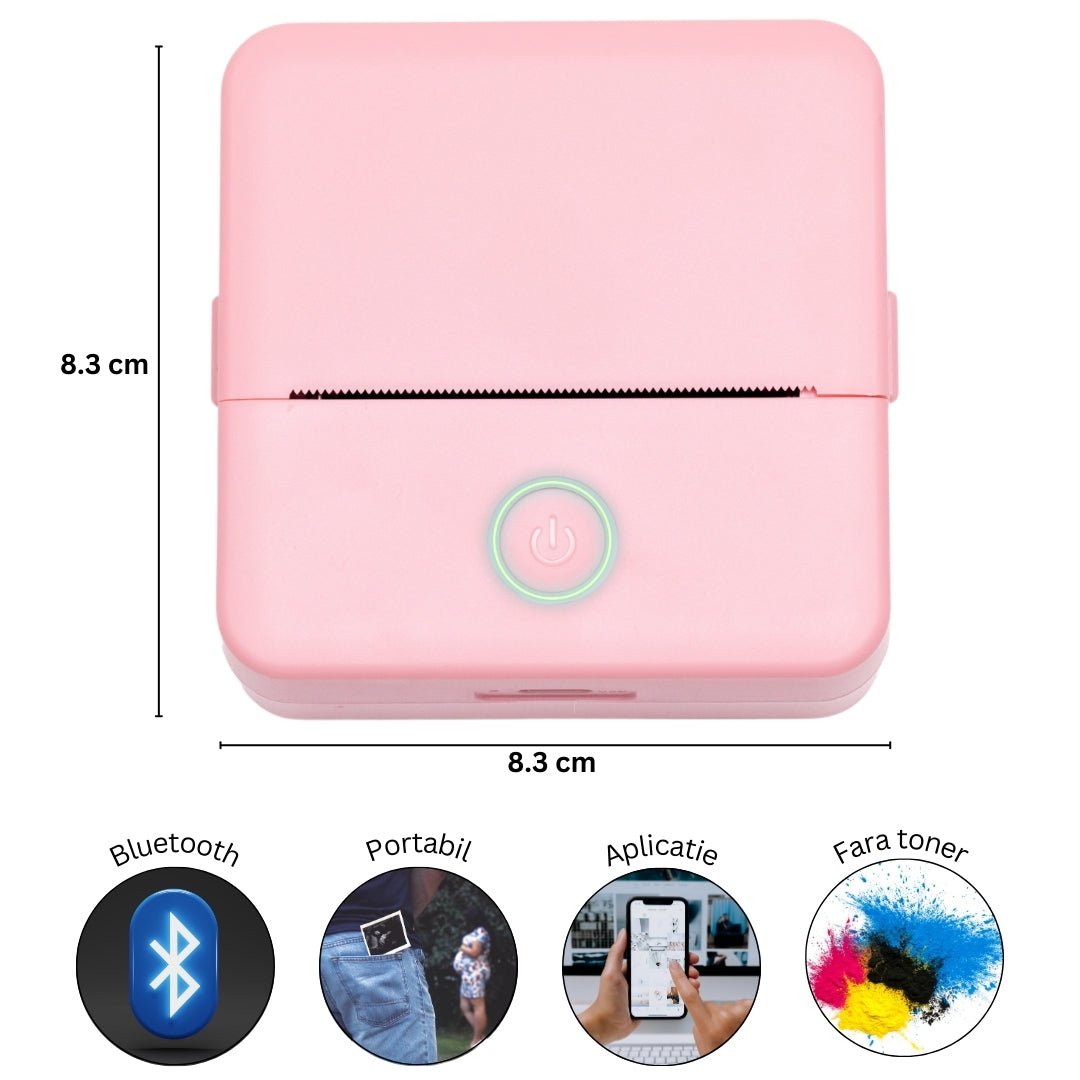 Mini imprimanta portabila MX1, ROZ cu 5 role albe +3 colorate autoadezive + 5 role albe + 3 colorate simple + 6 carioci, stickere si saculet incluse - ealmeu.ro