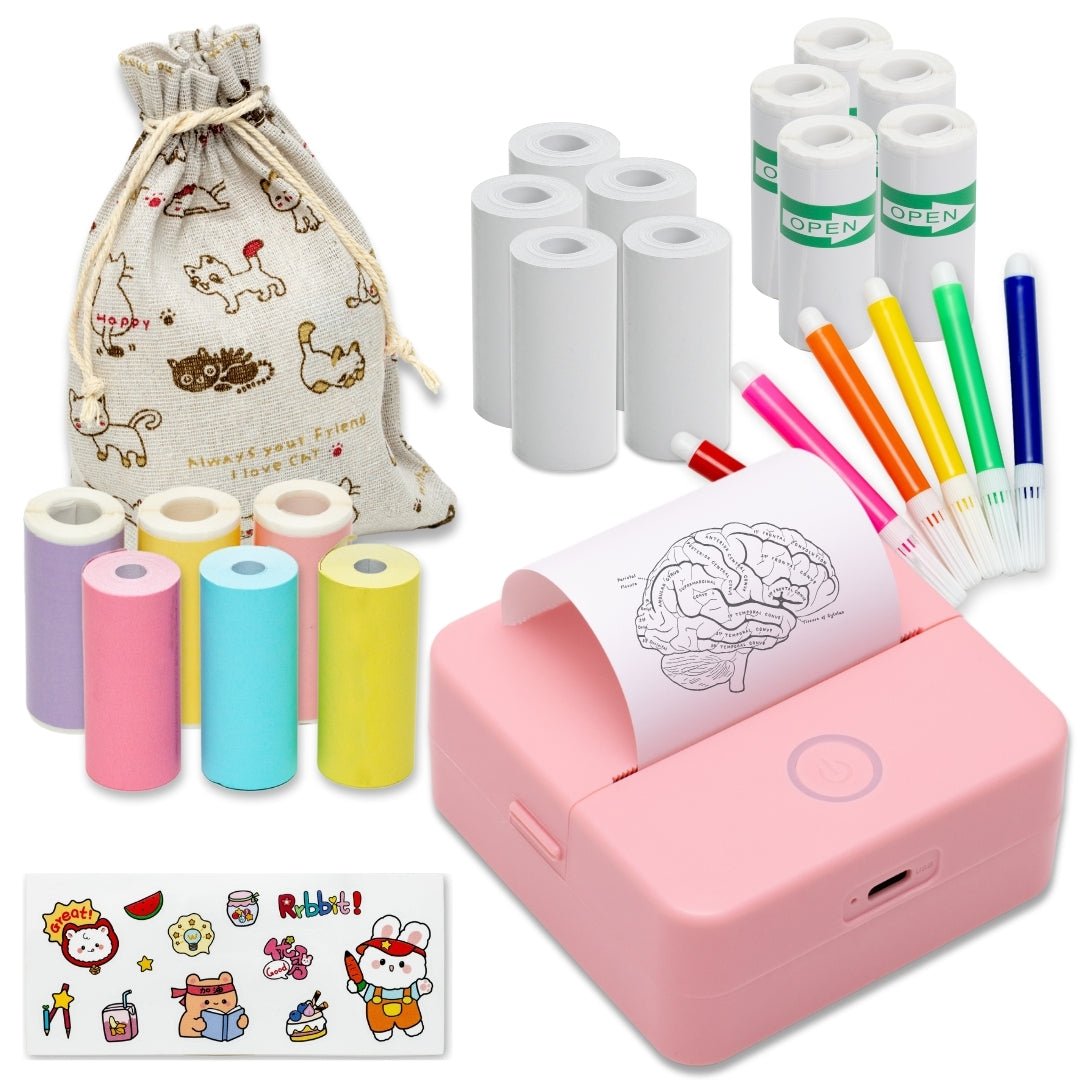 Mini imprimanta portabila MX1, ROZ cu 5 role albe +3 colorate autoadezive + 5 role albe + 3 colorate simple + 6 carioci, stickere si saculet incluse - ealmeu.ro