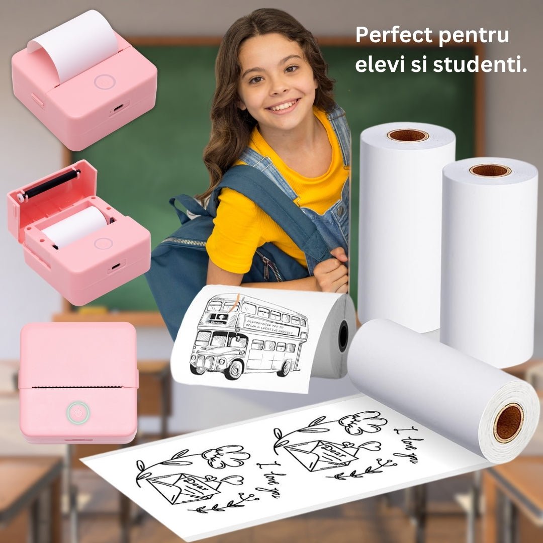Mini imprimanta portabila MX1, ROZ cu 5 role albe +3 colorate autoadezive + 5 role albe + 3 colorate simple + 6 carioci, stickere si saculet incluse - ealmeu.ro