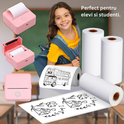 Mini imprimanta portabila MX1, ROZ cu 5 role albe +3 colorate autoadezive + 5 role albe + 3 colorate simple + 6 carioci, stickere si saculet incluse - ealmeu.ro